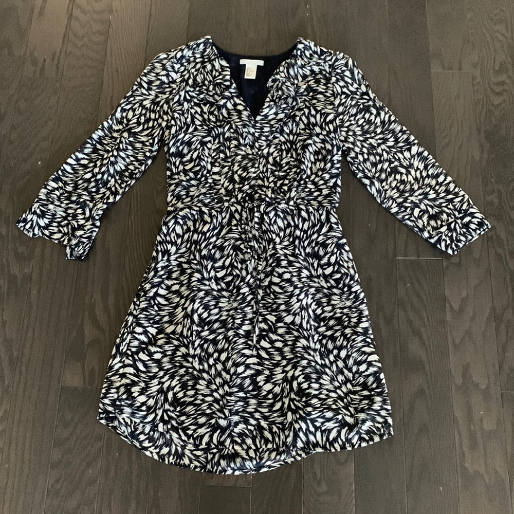 Navy H&M 3/4 Sleeve Ruffled Tie Waist Dress